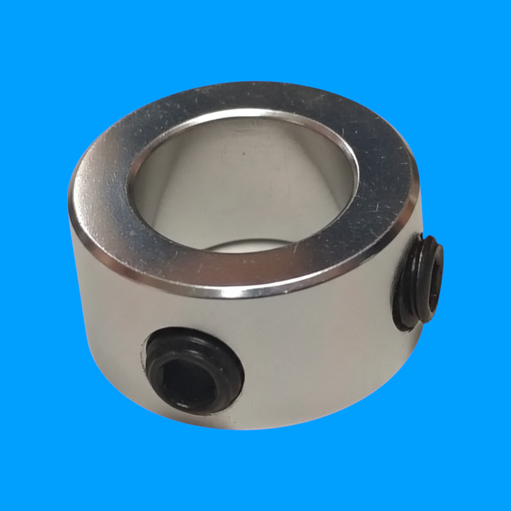 SWYFT Robotics 8mm shaft collar with dual M4 set screws, made from durable silver aluminum for FRC robotics.
