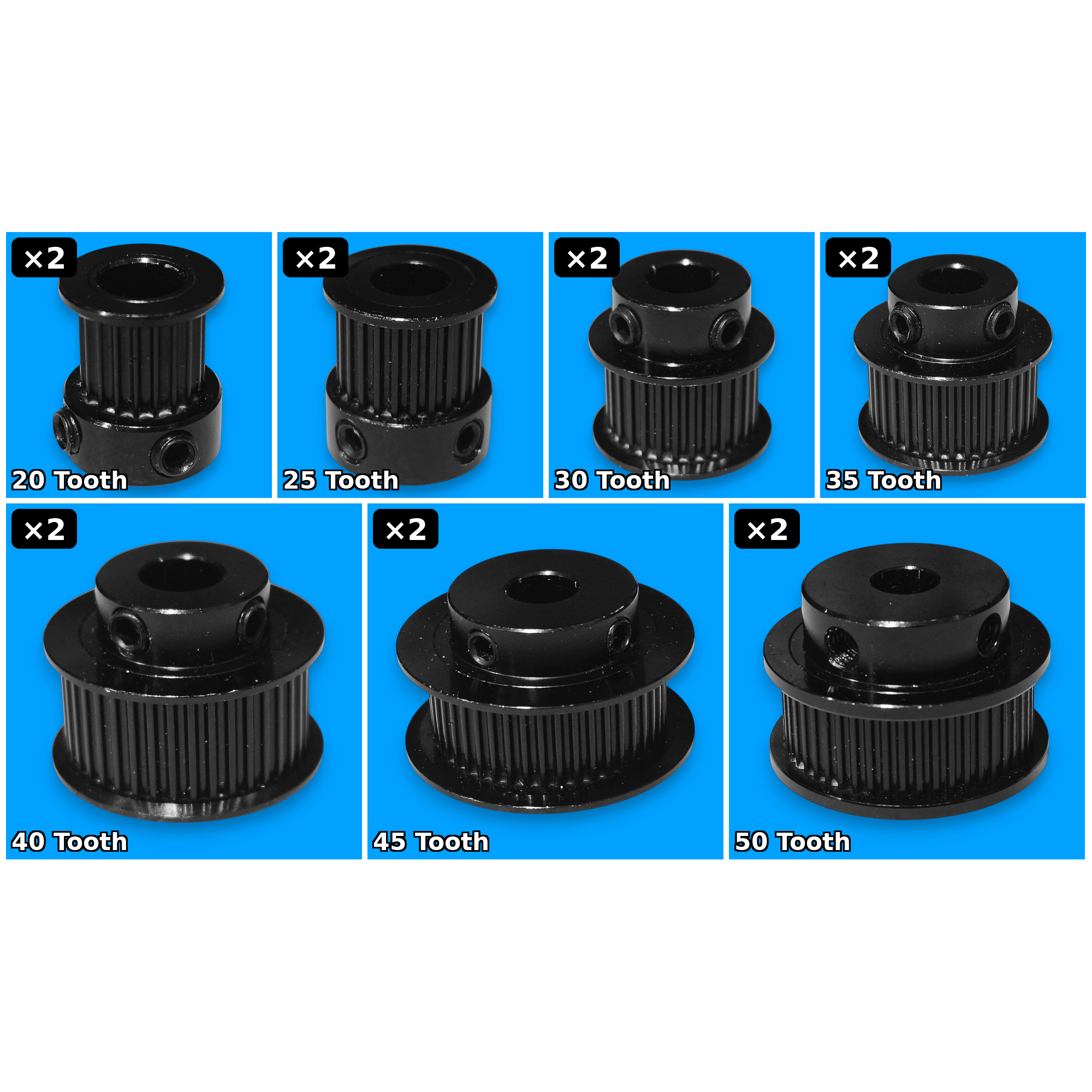 GT2 2mm pulley mix — 14 pcs (2 of each 20–50T)